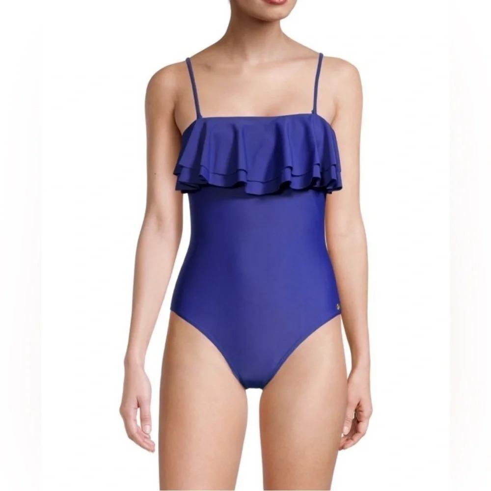 Navy Blue Ruffle-Overlay Swimsuit Size Large